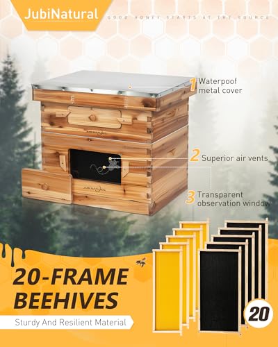 Bee Hive 10 Frame Bee Box Starter Kit, Beeswax Coated Bee Hives | 1 Deep + 1 Medium Langstroth Beehive Kit, Beekeeping Supplies with Transparent Plastic Window and Queen Excluder - size: 1Deep+1Madium Bee Box