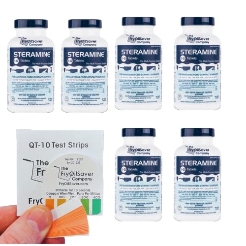 Pack of 6 (900 Tab) Steramine Sanitizing Tablets w/ 30x QT-10 Test Strips by FryOilSaver Co., Multi Purpose Contact Solution Sanitizer for Gym, Hotel, Bar, Restaurants & Food Service - size: 150 Count (Pack of 6)