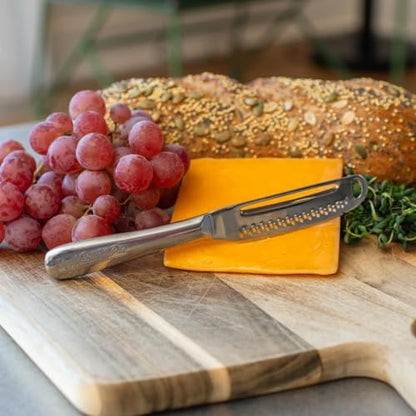 Ready Butter Pro 3-in-1 18/10 Stainless Steel Butter Knife & Cheese Slicer | Balanced 6" handle, beveled edge slices cheese, serrated edge, grate and curl, extra-sharp micro graters, spreads cold butter - style: Ready Butter Pro