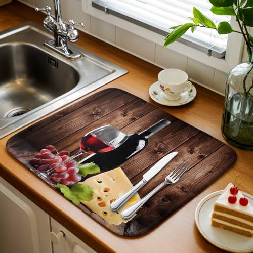 Dish Drying Mat for Kitchen Counter, Farm Red Wine Grape Vintage Wood Board Absorbent Microfiber Dish Drying Pad Set of 1, Cheese Fruit Wine Glass Coffee Mat Dishes Drainer Mats for Countertop - size: 1PCS-18x24in