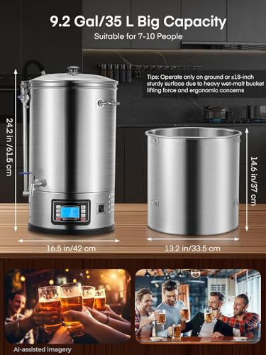 FOHERE All-in-One Electric Brewing System (9.2 Gal/35L), Stainless Steel Home Beer Brewer, Mash & Boil Pot with 7-Step Programmable & 10 Recipe Memory