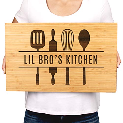 Andaz Press Large Bamboo Wood Cutting Board Gift, 17.75 x 11-inch, Lil Bro's Kitchen, Utensils Graphic, 1-Pack, Laser Engraved Serving Chopping Board Christmas Birthday Chef Kitchen Ideas - color: Lil Bro