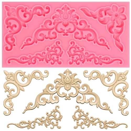 Baroque Corner Silicone Molds, Curlicues Relief Scroll Chocolate Cake Border Molds, Filigree Flower Lace Fondant Baking Molds for Cake Decoration Cupcake Topper Candy Gum Paste Clay Resin - color: pink(M12)