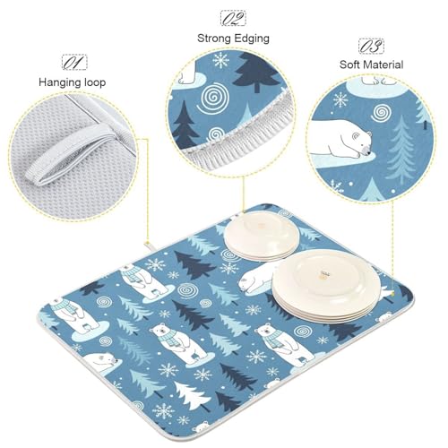 Polar Bears Trees Blue Dish Drying Mat for Kitchen Counter Super Absorbent Draining Mat with Non-slip Backed Drainer Mat for Countertops Sinks Draining Racks Dish Bottles Cups Bowl