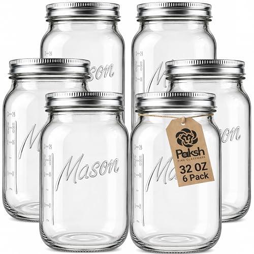 Paksh Novelty Mason Jars - Food Storage Container - 32 oz 6-Pack - Airtight Container for Pickling, Canning, Candles, Home Decor, Overnight Oats, Fruit Preserves, Jam or Jelly - color: 32 oz, 6 Pack