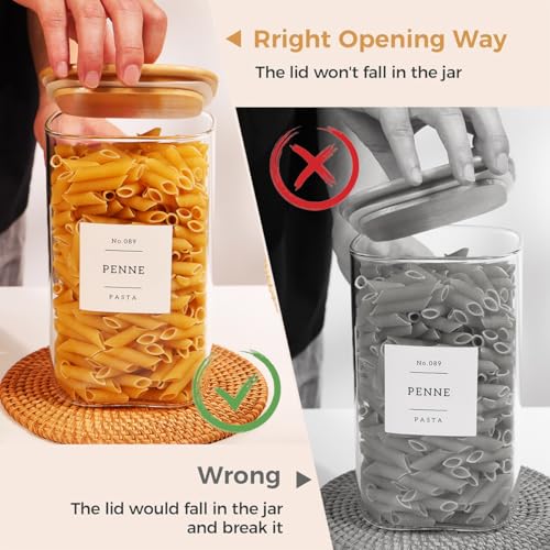 2 Pack large Square Glass Flour and Sugar Containers with 132 Kitchen Pantry Labels - 149 floz & 71 floz - Glass Jars with Airtight Bamboo Lid - Glass Rice Canisters for Coffee, Pasta, Cookie, Cereal - size: 149oz/71oz