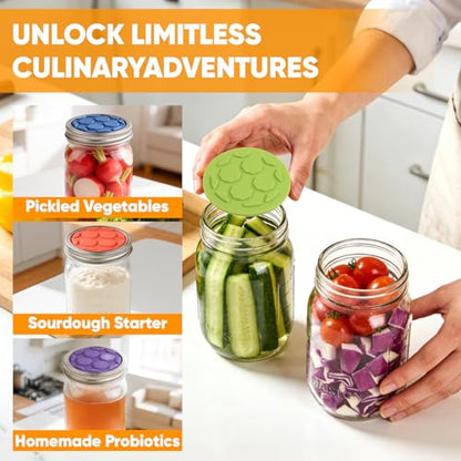 16PCS Silicone Fermentation Lids for Wide Mouth Mason Jars | One-Way Airlock Valve, Self-Burping for Sauerkraut, Sourdough Starter & Probiotics (Patented) - size: 16 PCS