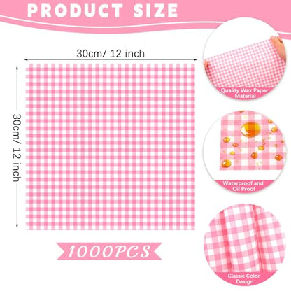 1000 Sheets Deli Paper Sheets, 12 x 12 Inch Checkered Dry Waxed Deli Basket Liners, Sandwich Wrapping Paper for Bakery, Desserts, Cookies, Picnic & Party Supplies - color: Pink