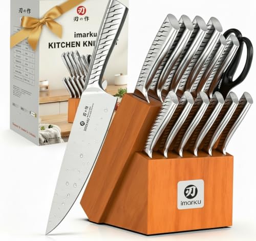imarku 14-Piece Knife Set with Block, High Carbon Stainless Steel Kitchen Knives with Built-in Sharpener, Dishwasher Safe, Ergonomic Non-Slip Handle, Perfect for Home Cooks & Chefs, Brown - color: Light Brown