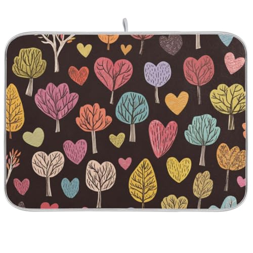Heart Trees Leaves Dish Drying Mat for Kitchen Counter Super Absorbent Draining Mat with Non-slip Backed Sink Tray Mat for Draining Racks Countertops Sinks Dish Bottles Cups Bowl