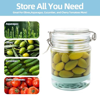 2 Pcs Pickle Jar with Strainer, 25 Oz Glass Pickle Container with Silicone Lift Separator, Airtight Lid Olive Storage Mason Jar for Jalapeno Gherkin Kimchi Marinade Fermenting Canning Jars Wide Mouth