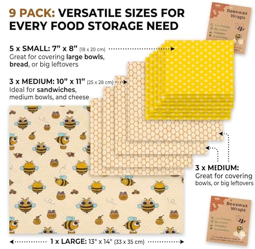 Beeswax Wraps for Food - 9 Pack Reusable Food Wraps | Sustainable, Plastic-Free Alternative to Plastic Wrap & Foil | Sandwich, Cheese, Bread & Bowl Covers for Eco-Friendly Food Storage - color: 9 Pack - Golden Meadow