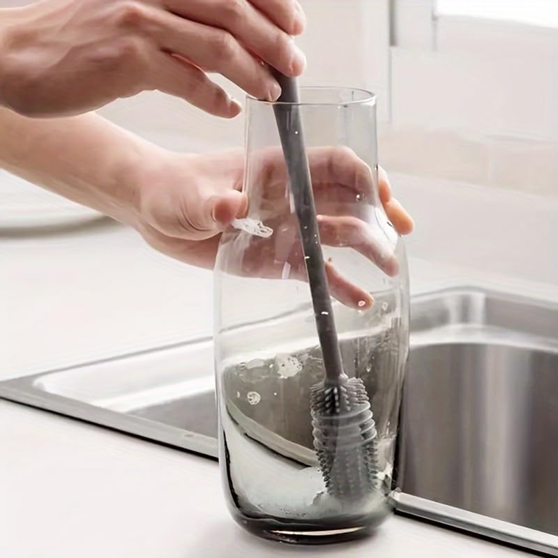 Silicone Long Handled Bottle Brush with Flexible Head for Cups and Bottles, Multi Use Cleaner for Kitchen Bathroom Car, Grey - color: Gray