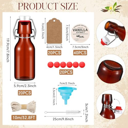 Vesici 8 Sets Swing Top Glass Bottles Set Amber Homemade Vanilla Extract Bottles Vanilla Extract Jars for Christmas DIY Crafts (8 Oz) - size: 8 oz