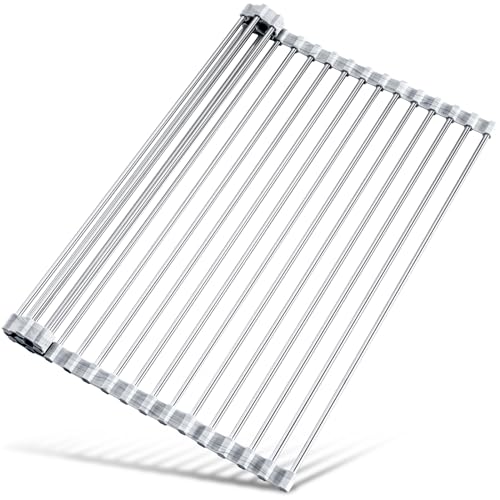Tomorotec Stainless Steel Roll-Up Dish Drying Rack Marble Color Silicone Edges, Foldable Kitchen Rack Heat Resistant Trivet Supports up to 70 lbs, Food Safe for Dishes, Cookware & More - color: Marble, size: 21 x 15.5 in