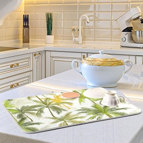 Tropical Palm Trees Ivory Dish Drying Mat for Kitchen Counter Super Absorbent Draining Mat with Non-slip Backed Dish Drying Pad for Dish Bottles Cups Bowl Countertops Sinks Draining Racks