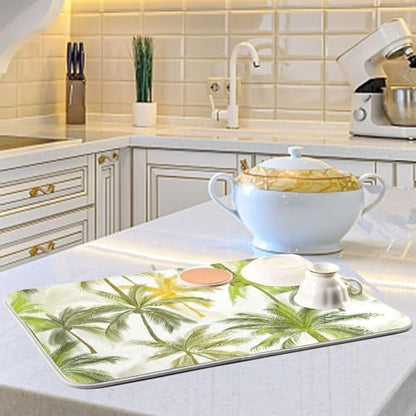 Tropical Palm Trees Ivory Dish Drying Mat for Kitchen Counter Super Absorbent Draining Mat with Non-slip Backed Dish Drying Pad for Dish Bottles Cups Bowl Countertops Sinks Draining Racks