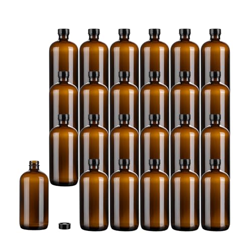 Restaurantware Vetri 16 Ounce Boston Glass Bottles, 12 Bottles With Black Phenolic Caps - Dishwashable, Round, Amber Glass Bottle, For Secondary Kombucha Fermentation, Homemade Essential Oils - color: Amber, size: 16 Ounces