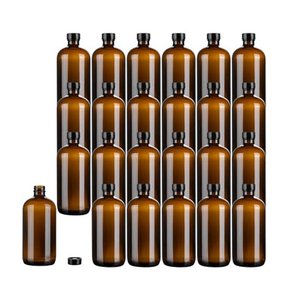 Restaurantware Vetri 16 Ounce Boston Glass Bottles, 12 Bottles With Black Phenolic Caps - Dishwashable, Round, Amber Glass Bottle, For Secondary Kombucha Fermentation, Homemade Essential Oils - color: Amber, size: 16 Ounces