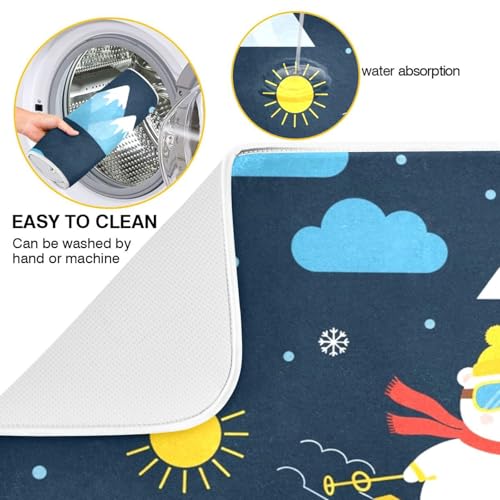 Skiing Polar Bear Tree Dish Drying Mat for Kitchen Counter Super Absorbent Draining Mat with Non-slip Backed Sink Mats for Dish Bottles Cups Bowl Draining Racks Countertops Sinks