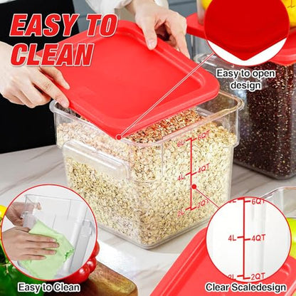 Square Storage Container with Lid, Commercial Box with Measurement Marks & Handle, for Baking, Dough Proofing, Meat Brining, Kitchen Tool (Red, 6QT-4PACK) - size: 6QT-4PACK