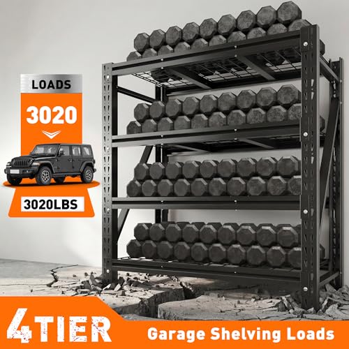 Romorgniz 3020LBS Heavy Duty Garage Shelving, 51.6" W Storage Shelves with Wire Deck, Rust/Water Resistant, 4 Tier Adjustable Industrial Shelving for Warehouse Basement, 17.8" D Deep x 72" H, Black - size: 51.6" W X 72" H X 17.8" D