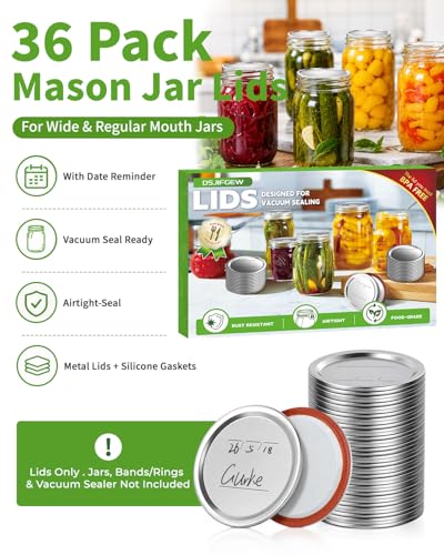 36 Pack Mason Jar Lids for Wide and Regular Mouth Jars, with Date Reminder Vacuum Seal Lids for Electric Mason Jar Vacuum Sealers - size: 18 Regular + 18 Wide Mouth Lids