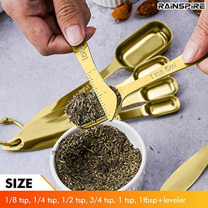 Rainspire Heavy Duty Measuring Spoons Set Stainless Steel, Metal Measuring Cups and Spoons Set for Dry or Liquid, Fits in Spice Jar, Home Gadgets Kitchen Gadgets, Set of 7 Including Leveler, Gold - color: Gold