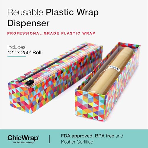 Chicwrap Triangles Refillable Plastic Wrap Dispenser - Includes One 12" x 250' Roll of Professional Grade Plastic Wrap - BPA Free and Kosher Certified - Reusable Dispenser w/Slide Cutter - style: Triangle