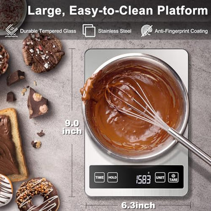 Fuzion Food Kitchen Scale 22lb/0.1oz - Food Scale 7 Units, Tare & Timer | Rechargeable, Tempered Glass+ Stainless Steel, Digital Kitchen Scale Grams and oz for Weight Loss, Cooking, Baking, Meal Prep - color: Silver Black