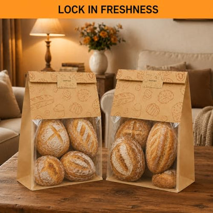 Extra Large Bread Bags for Homemade, 50 Count, 50% Thicker Sourdough Paper With Ties, 15.7 * 10.2 * 5.1 in, Tin Tie Tab Lock Bakery Bags With Window and Sealing Stickers for Storage Packaging Gifting - color: No print