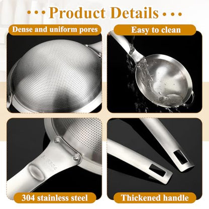 2 Packs Punch Hole Sieve Fine Mesh Stainless Steel Mesh Strainer Small Colander Strainer with Handle Metal Mini Sifter Set for Kitchen Baking Straining Flour Quinoa Tea Juice