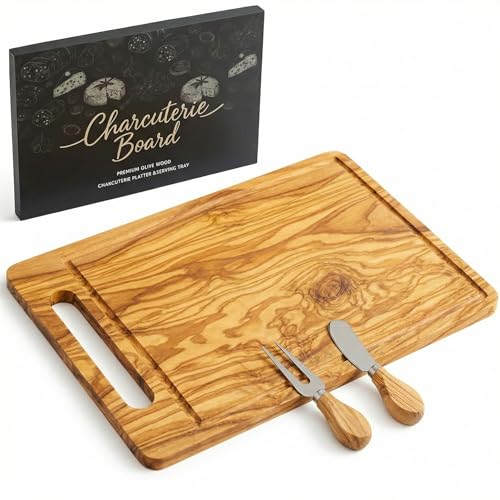 Ziliny Large Olive Wood Charcuterie Board & Cheese Knife Fork Set Housewarming Wedding Gifts for Couples 15.8" x 10" Handcrafted Charcuterie Board with Cheese Knife Fork for Kitchen Bridal Shower - color: Olive Wood, style: Rectangle with Embedded Handle