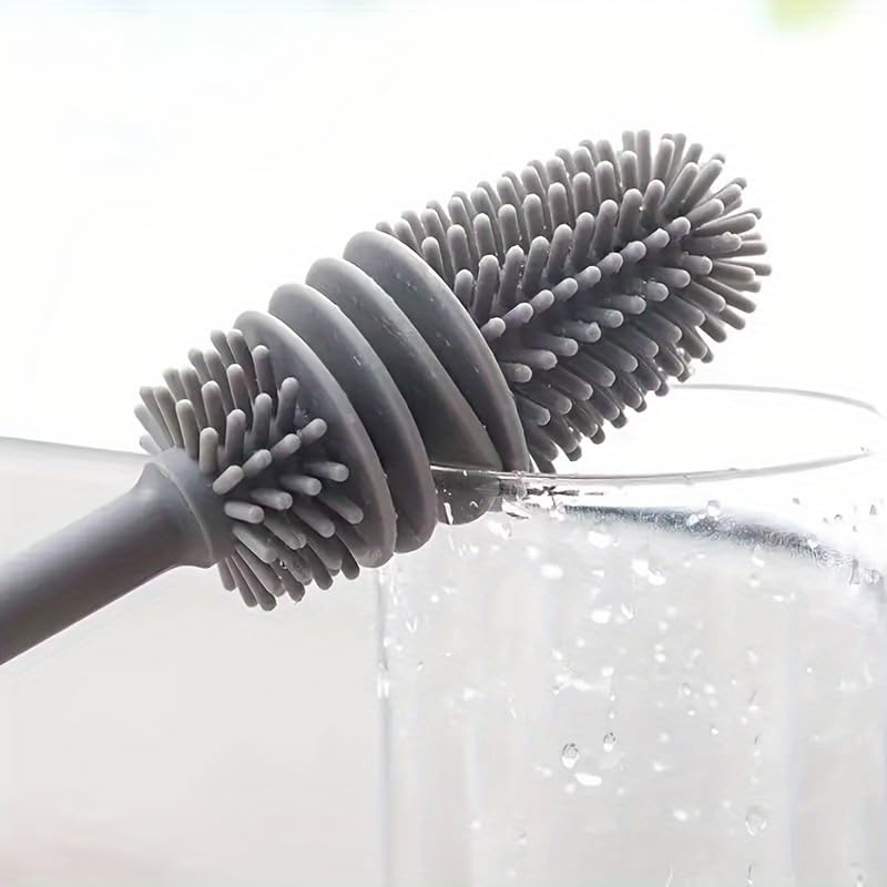 Silicone Long Handled Bottle Brush with Flexible Head for Cups and Bottles, Multi Use Cleaner for Kitchen Bathroom Car, Grey - color: Gray