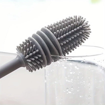Silicone Long Handled Bottle Brush with Flexible Head for Cups and Bottles, Multi Use Cleaner for Kitchen Bathroom Car, Grey - color: Gray