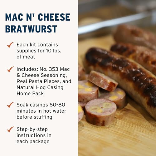 PS Seasoning Cheddar Mac N’ Cheese Bratwurst Kit - Sausage making Seasoning And Natural Hog Casings For 10 Lbs Of Meat Easy Homemade Brats For Pork, Beef, Venison, Wild Game