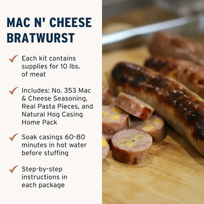 PS Seasoning Cheddar Mac N’ Cheese Bratwurst Kit - Sausage making Seasoning And Natural Hog Casings For 10 Lbs Of Meat Easy Homemade Brats For Pork, Beef, Venison, Wild Game