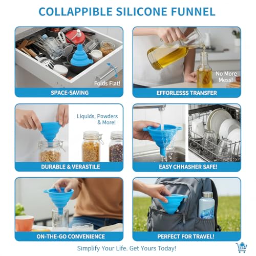 4 Pack Silicone Collapsible Kitchen Funnel for Water Beer Oil Filling Bottles ，Foldable Silicone Funnel Set – Collapsible Small & Large Funnels, Water Bottles & Liquid Transfer – Food Grade（Blue） - color: blue