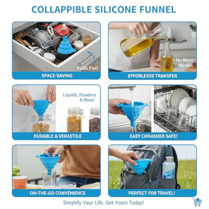 4 Pack Silicone Collapsible Kitchen Funnel for Water Beer Oil Filling Bottles ，Foldable Silicone Funnel Set – Collapsible Small & Large Funnels, Water Bottles & Liquid Transfer – Food Grade（Blue） - color: blue