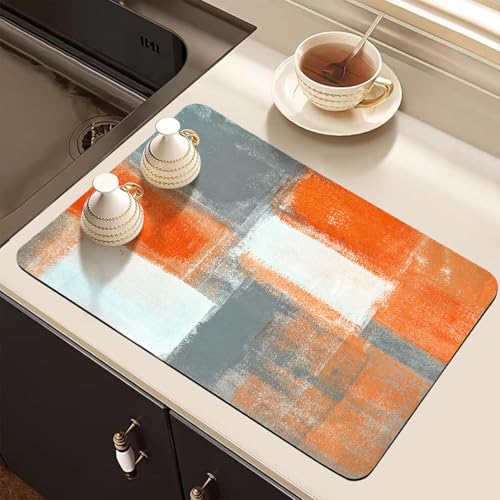 Dish Drying Mat for Kitchen Counter, Orange and Grey White Abstract Art, Absorbent Quick Dry Pad with Rubber Backing, Dish Rack Pad for Dishes, Utensils, Countertops, Sinks 12" x 20 - color: Orange and Grey White
