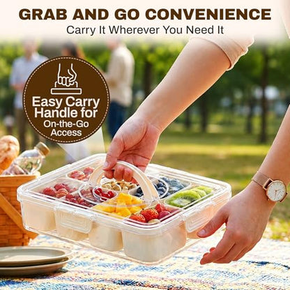 Four Flowers Snackle Box Container, 8 Compartment Divided Serving Tray with Lid and Handle, Portable Snack Box for Fruit, Nuts and spices, Crystal Clear Snack Organizer for Travel and Parties