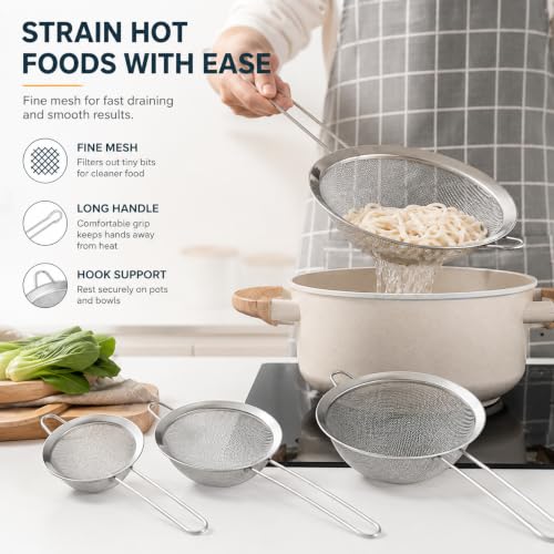 3 Pcs Stainless Steel Fine Mesh Strainer Set, Kitchen Colander with Long Handle, 3 Sizes (3.1/4.7/6.3 Inch) Food Sieve for Flour, Tea, Coffee, Juice and Cooking