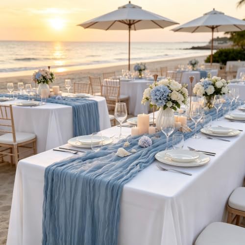 16 Pack Dusty Blue Cheesecloth Table Runner 10Ft Boho Gauze Table Runners 35x120 Inch Blue Cheese Cloth Table Runners Long Sheer Table Runners for Wedding Bridal Shower Birthday Party Table Decor - style: Blue