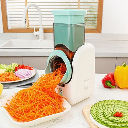 Electric Cheese Grater Salad Maker with 6 Repalce Stainless Steel Blades, Rotary Slicer One-Touch Kitchen Slicer Cheese Shredder for Vegetables, Fruits, Cheeses, Nuts Home Kitchen Use(White)- 120v - color: White