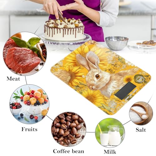 Yellow Sunflowers Bunny Food Scale Kitchen Digital Scale Food Ounces and Grams Dieting Baking Cooking Waterproof Glass Panels LCD Display,4 Units Tare Function - color: Yellow Rabbit Sunflower