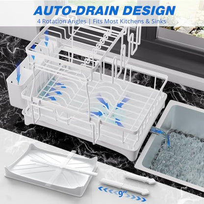 Godboat 2-Tier Dish Drying Rack - Dish Rack with Auto Drain-to-Sink & Mat | Dish Racks for Kitchen Counter, Dish Drainer with Knife Fork & Cup Rack, Gifts for Women, Mothers Day, Kitchen Gadgets, White - size: X-Large (2-Tier/White)