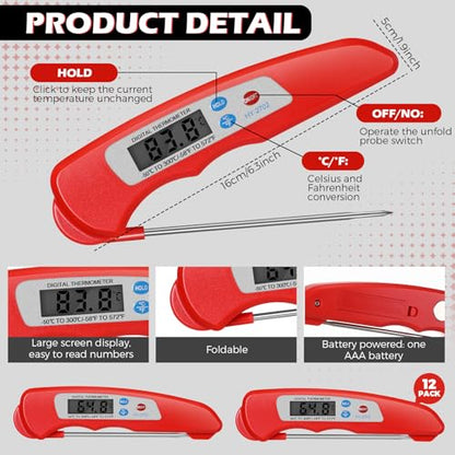 Xuhal 12 Pcs Digital Meat Thermometer with Probe Waterproof Instant Read Foldable Food Thermometer with Magnet for Kitchen Grilling Cooking Turkey Baking BBQ(Red) - color: Red