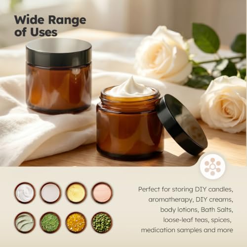 2 oz Glass Jars with Lids, 60 Pack Amber Small Glass Jars with Black Lids Leakproof Round Airtight Empty Cosmetic Travel Containers with Inner Liners For Lotions Powders and Candle Making - color: Amber-Black Lids, size: 2 Ounces