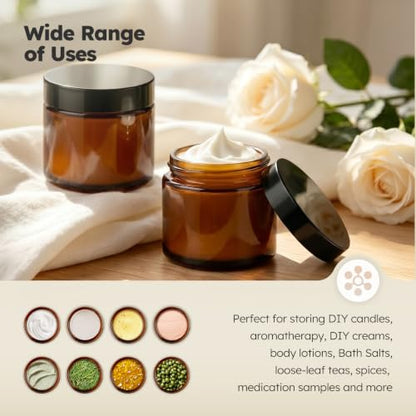 2 oz Glass Jars with Lids, 60 Pack Amber Small Glass Jars with Black Lids Leakproof Round Airtight Empty Cosmetic Travel Containers with Inner Liners For Lotions Powders and Candle Making - color: Amber-Black Lids, size: 2 Ounces
