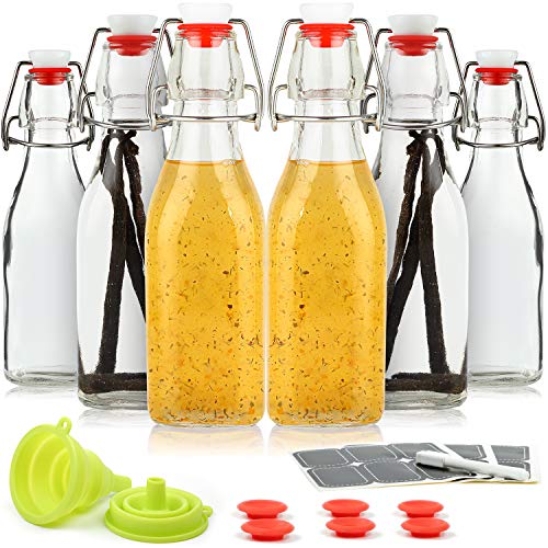 Vanilla Extract Bottles [8.5 oz, 6-Pack] – Flip Top Swing Top Glass Bottles for Homemade Extracts, Kombucha, Coquito, Juice – Airtight Leak-Proof Caps with Funnel, Extra Gaskets, Labels & Marker - size: 8.5oz - 6 Pack